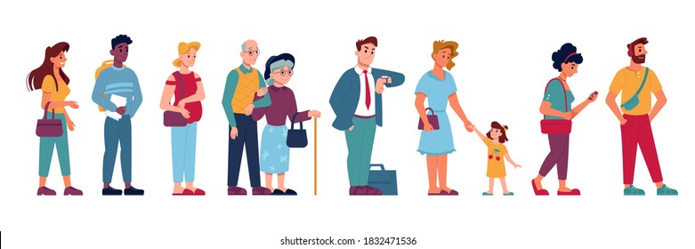 People crowd in queue line standing and waiting, vector flat isolated. People group in queue row, pregnant woman, old man with kid child, cartoon icons of people in line in hurry or impatient