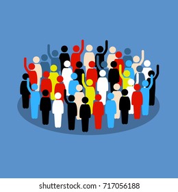 People in the crowd raising hand to show support and vote. Vector artwork depicts society, ethnics, democracy, and public voting. 