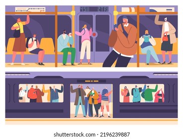 Gente viajando en tren subterráneo, pasajeros parados, sentados, leyendo y usando teléfonos en metro subterráneo de transporte público urbano. Caracteres En El Transporte Subterráneo. Ilustración del vector de dibujos animados