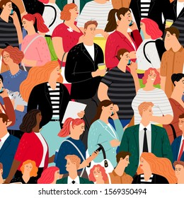 People crowd seamless pattern. Business men and women, teenagers characters vector background. Male and female walking, speak phones, smiling