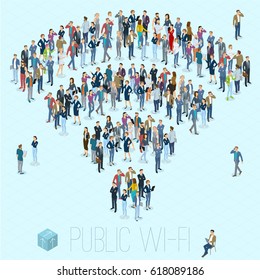 People crowd shaped as sign of public wi-fi. Flat design 3d isometric people, men and women various poses, styles and professions front and back view.