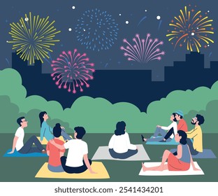 People crowd sitting in city park on plaids and looking firework in night sky. Festival, holidays and entertainment. Outdoor recreation, vector scene