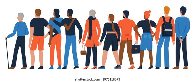 People crowd stand back together vector illustration set. Cartoon diverse group of adult man woman characters standing in row, backside diversity community crowd of different ages isolated on white