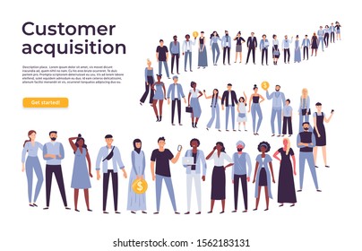 People crowd stand in queue. Business people standing and waiting in long line. Businessman shop crowd, buyer customer wait for service flat vector illustration