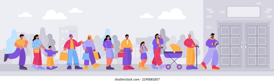 People Crowd Standing In Queue To Entrance In Shop, Business Office, Museum Or Cinema. City Landscape With Different Characters Waiting In Long Line Outside Building Doors, Vector Flat Illustration