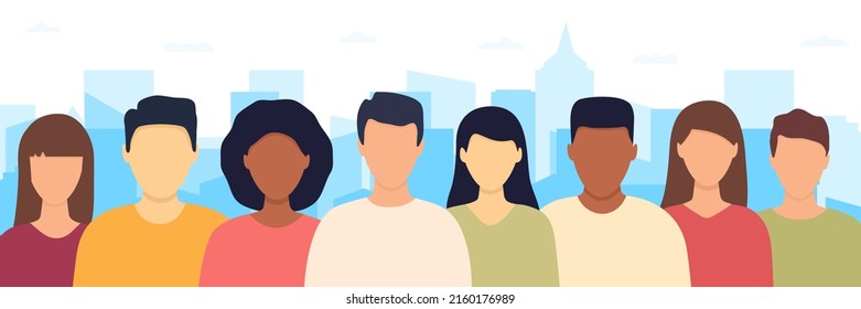 People crowd standing together in city. Male and female faces group. Multicultural people population. Human portraits in casual cloths. Vector illustration.