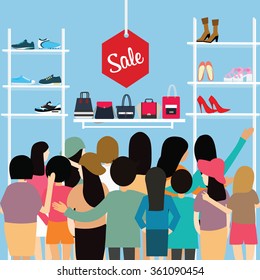 People Crowd Store Sale Discount Shoe Bag Crowded Shopping Mall Vector Cartoon Illustration