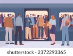 People crowd in subway train. Public transportation peak hours, passengers on metro platform and in railway overcrowded carriage kicky vector scene