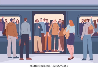 People crowd in subway train. Public transportation peak hours, passengers on metro platform and in railway overcrowded carriage kicky vector scene