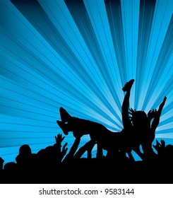 people crowd surfing at a concert with a blue and black background