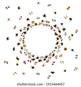 People crowd top view. Walking male and female characters, gathering human community. Social people group top view vector illustration. Crowd man and woman group top walking in round