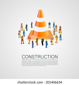 People crowd with traffic cone. Vector illustration