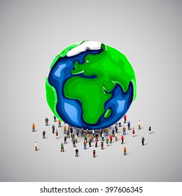 People crowd under big earth planet. Vector illustration