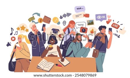 People crowd using mobile phones reading news, listening to music, studying, scrolling social media