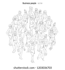 People crowd vector. Sketch outline black and white style illustration of young men and woman. Street style casual fashion isolated on white background.