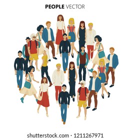 People crowd vevtor. Cartoon style illustration of young men and woman. Street style casual fashion isolated on white background.