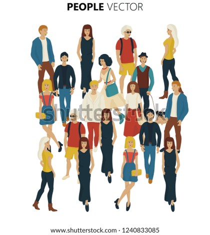 People crowd vevtor. Cartoon style illustration of young men and woman. Street style casual fashion isolated on white background.