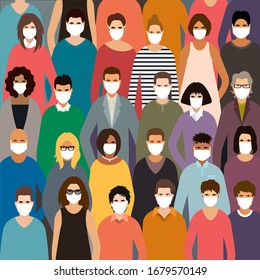 People crowd in virus protective masks. Coronavirus, COVID-19 alert vector illustration.