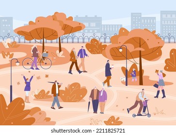 Gente caminando en el parque de la ciudad. Otoño al aire libre, pareja de mujeres y hombres en la naturaleza urbana. Caricatura plana positiva kicky vectorial personajes en la ciudad