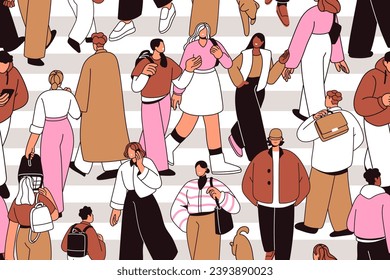People crowd walking, seamless pattern. Busy city street traffic, pedestrians on crosswalk. Endless background, repeating print design with urban characters going. Flat graphic vector illustration