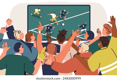 People crowd watching soccer game, sport match on TV screen. Happy football fans, back view, cheering team, celebrating goal in championship. Flat vector illustration isolated on white background