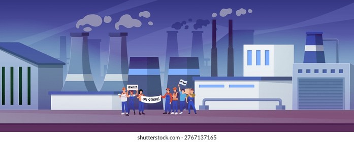 People crowd of workers hold placards and fight for rights at factory. Protest strike action, labor movement strike, employees work stoppage. Pay more picket. Vector flat illustration