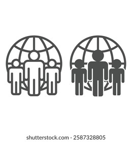 People crowd at world globe line and solid icon, community concept. Vector graphics. Worldwide teamwork sign on white background, outline style icon for mobile or web design