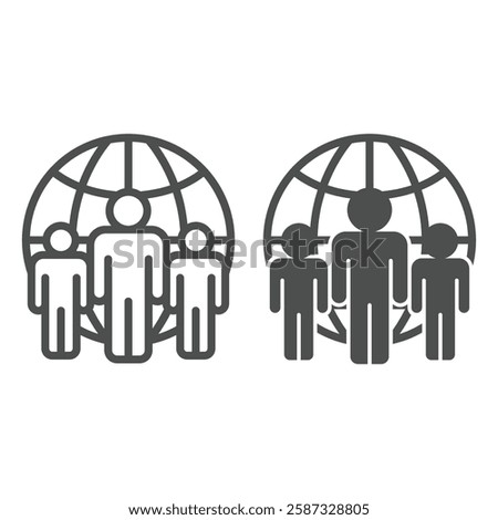 People crowd at world globe line and solid icon, community concept. Vector graphics. Worldwide teamwork sign on white background, outline style icon for mobile or web design