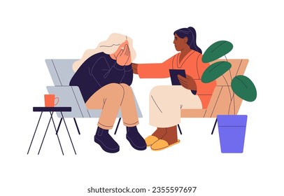 People cry at psychotherapy, psychology session. Psychotherapist support, work with mental disorders, problems. Psychologist talk with client, patient. Flat isolated vector illustration on white