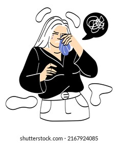 People crying and feel grief. Girl wipes her tears with handkerchief. Sad character, psychological and mental difficulties. Depression and frustration, confusion. Cartoon flat vector illustration