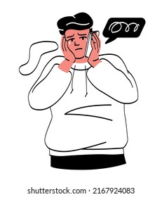 People crying and feel grief. Man with red face covers ears with hands. Protection from bad information and unwanted news. Depression and sadness, frustration. Cartoon flat vector illustration