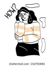 People crying and feel grief. Young girl covers her face with her hands and says how. Failures in personal life, mental difficulties and psychological problems. Cartoon flat vector illustration