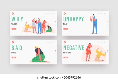Conjunto de plantillas de la página de inicio de llorando de personas. Los Personajes Tristes Expresan Emociones Negativas, Hombres y Mujeres Molestos con Lágrimas Llorando, Mal Ánimo, Melancolía, Dolor, Sentimientos Tristes. Ilustración del vector de dibujos animados