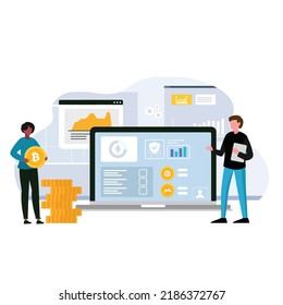 people with Crypto currency. Bitcoin, Blockchain,  people trading and investing use laptop. Digital web money. analystic and learning vector illustrations