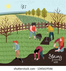 People cultivate the land with a rake and hoe for planting.Vector illustration in cute flat style on background with nature landscape