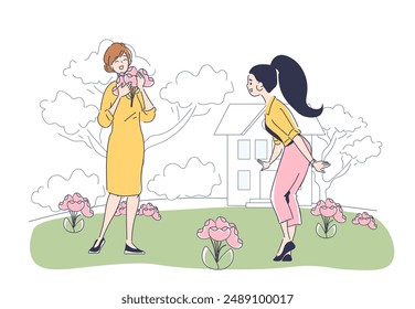 People cultivating flowers. Women with pink flowers and bouquets. Gardener and florist with botany. Girls at lawn or backyard. Linear vector illustration isolated on white background