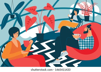People with Cups in Hand. Room with Creative Interior. Vector Illustration. Free Time. Rest from Work. Modern Hobby. Use Time Wisely. Room with Panoramic Window. Company Friends Talk and Drinking Tea.