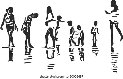 The people are curiously doing something standing in different position with shadow on the ground.