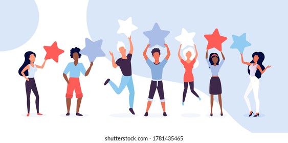 People customer review vector illustration concept. Cartoon flat man woman clients holding rating stars, reviewer character group giving feedback to service or business, reviewing service background