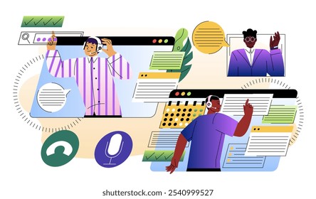 People with customer service online. Men in headsets with client. Technical support and answers to questions. Guide and knowledge. Flat vector illustration isolated on white background