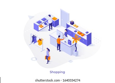 People or customers buying clothes, seller at counter and showcases in apparel store or boutique. Concept of fashion shopping or clothing retail. Modern colorful isometric vector illustration.