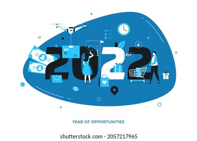 People Or Customers Bying Goods. Concept Of 2022 As Year Of Opportunities For Internet Retail, Electronic Application For Online Shopping, Digital Trade. Modern Flat Vector Illustration For Website.