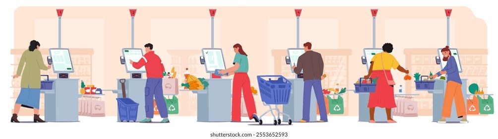 People customers cartoon characters using electronic self-checkout service cashier electronic kiosk with cashless payment technologies buying groceries food at supermarket scene vector illustration