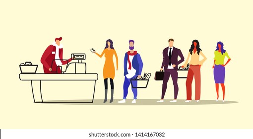 people customers with groceries standing line queue to male cashier at cash desk in grocery shop or supermarket shopping concept sketch doodle horizontal full length