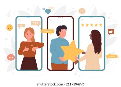 People customers provide review on screens of mobile phones vector illustration. Cartoon happy man client giving star of positive feedback to woman. Users appreciation, loyalty, online survey concept