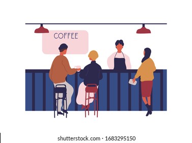 People customers sitting on bar counter at coffee shop isolated on white background. Woman buying hot beverage at cafeteria vector graphic illustration. Barista working at modern cafe