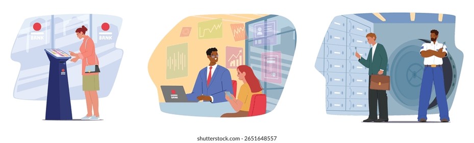 Clientes de pessoas que usam diversos serviços bancários em quiosque de autoatendimento, cofre, cena bancária móvel. Ativos financeiros alternativos, levantamento de dinheiro sem fios e ilustração do vetor de pagamento à distância