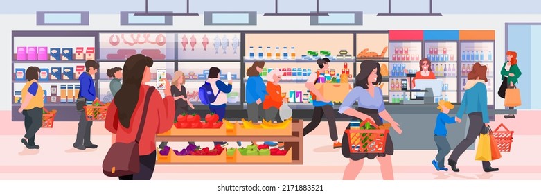 people customers visiting supermarket for buying grocery men women with bags choosing products in store