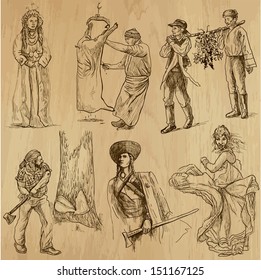 People and customs around the World (set no.3). Collection of hand drawn illustrations (originals, no tracing). Each drawing comprise of two layers of outlines, colored background is isolated.