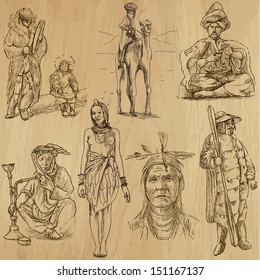 People and customs around the World (set no.7). Collection of hand drawn illustrations (originals, no tracing). Each drawing comprise of two layers of outlines, colored background is isolated.